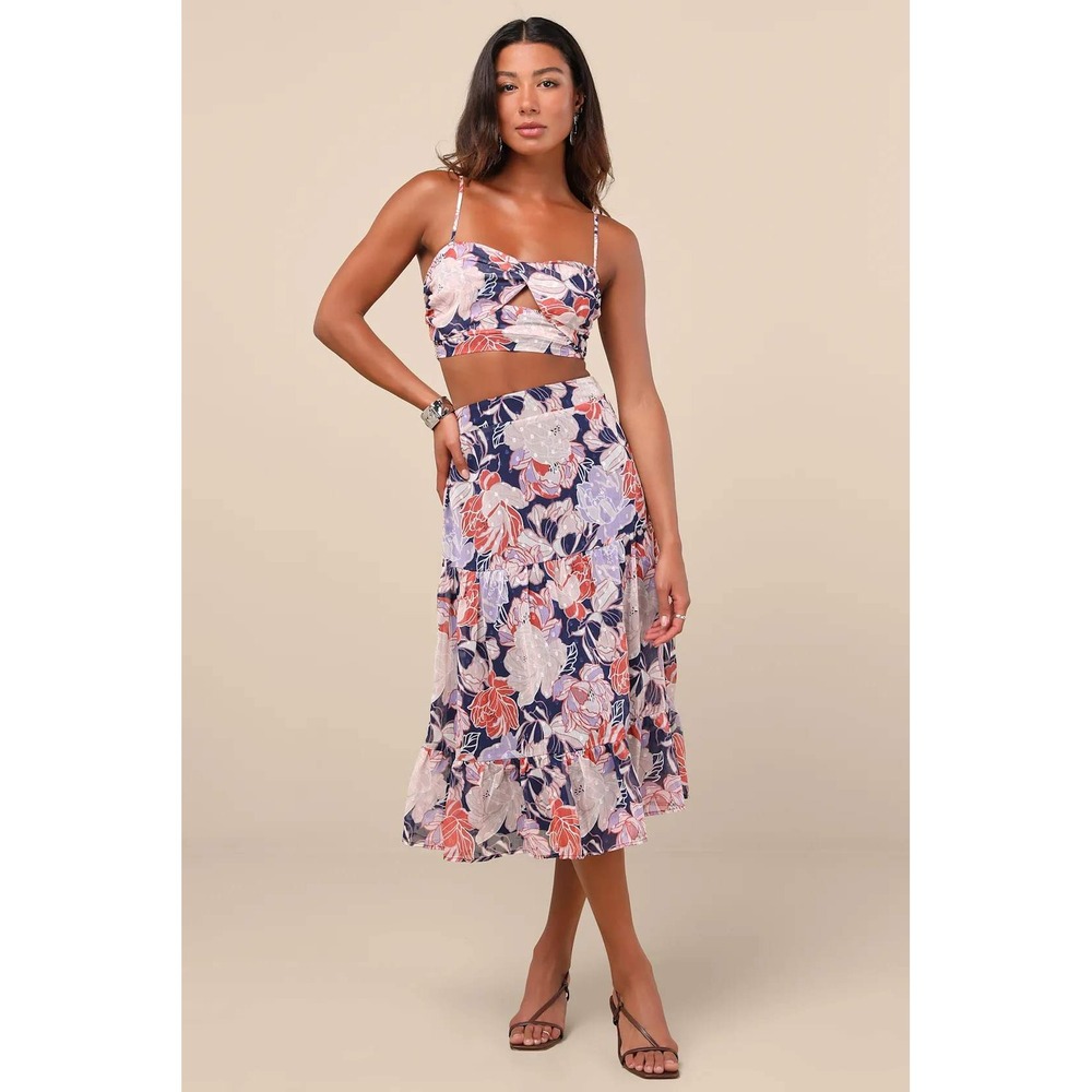 Lulus Floating Through Flowers Multi Floral Two-Piece Midi Dress Size Medium